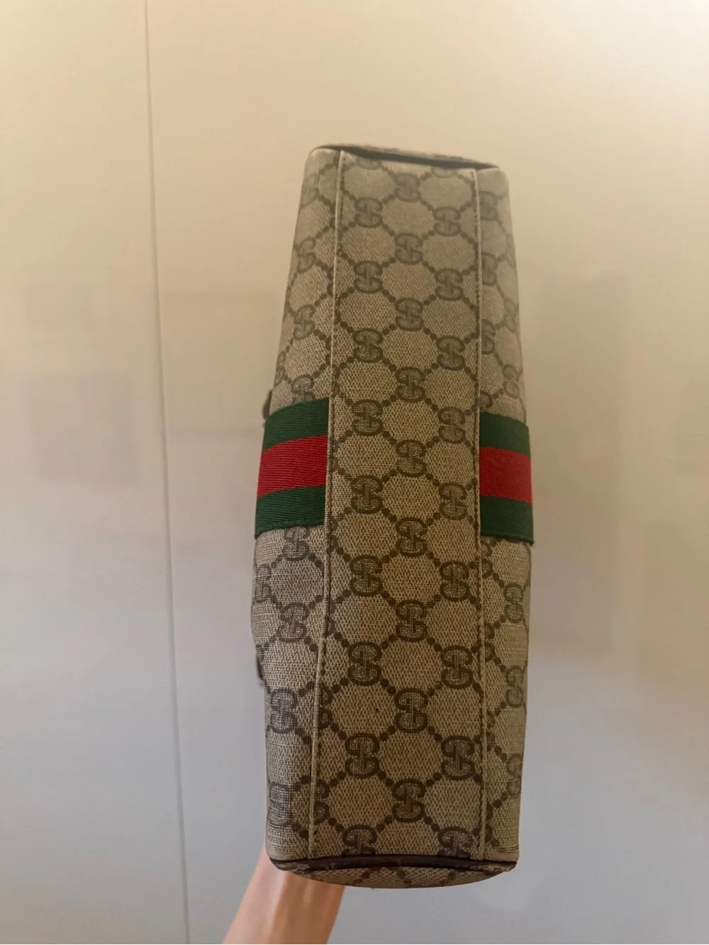 Gucci Brown GG Monogram Satchel with Green and Red Web
